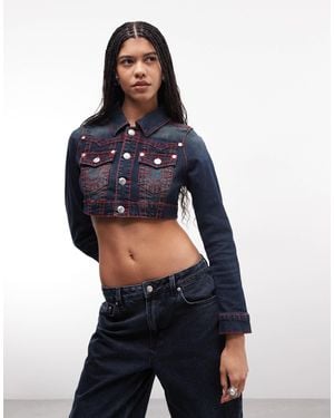 TRUE RELIGION Cropped Contrast Stitch Denim Jacket - Blue