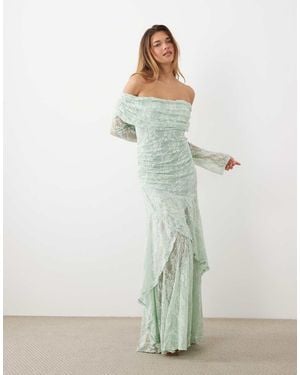 ASOS Lace Off The Shoulder Long Sleeve Maxi Dress - Green