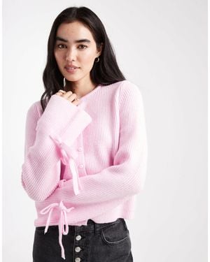 Pieces Knitted Cardigan With Pearl Buttons And Bow Tie Cuffs - Pink