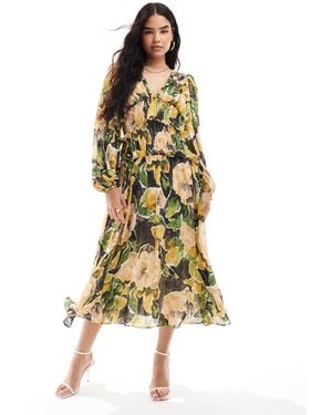 ASOS Plunge Neck Midi Dress With Ruffles - Yellow