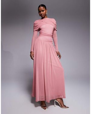 DASKA Vestido Largo Rosa Empolvado De Manga Larga Con Falda Plisada Y Capa Fruncida De