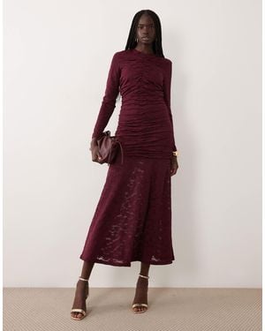 Y.A.S Long Sleeve Ruched Waist Lace Maxi Dress - Purple