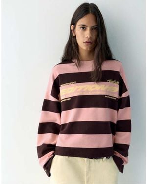 Pull&Bear Striped Crew Neck Sweatshirt With Slogan - Pink