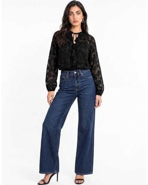 Lovedrobe Floral Burnout Raglan Sleeve Ruffle Blouse - Blue