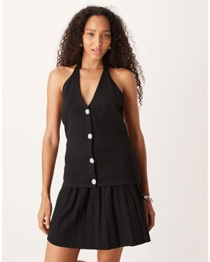 Amy Lynn Knitted Halterneck Top With Diamante Buttons - Black