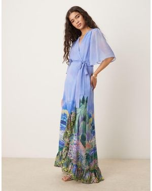Hope & Ivy The Nadia Flutter Sleeve Maxi Wrap Dress - Blue