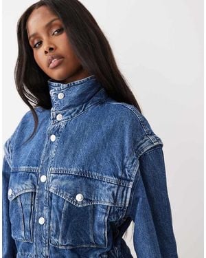 Gina Tricot Funnel Neck Denim Jacket With Cinch Waist - Blue