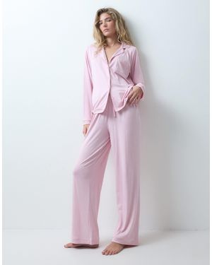 Loungeable Super Soft Jersey Revere Top And Wide Leg Pyjama Set - Pink