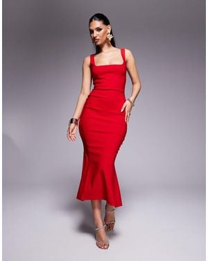 Vesper Bengaline Sleeveless Square Neck Fishtail Midi Dress - Red