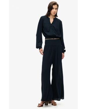 Superdry Long Sleeve Lace Trim Smocked Blouse - Blue