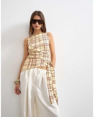 TOPSHOP Check Wrap Drape Tank With Tie - Natural