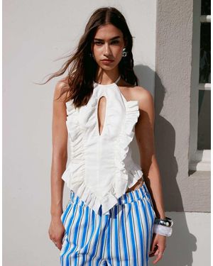 laagam Kaine Linen Ruffle Halterneck Top - White