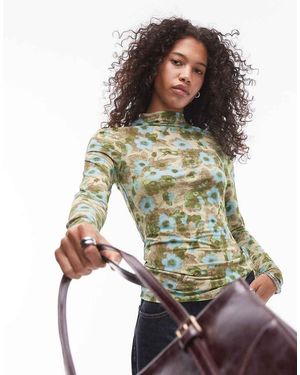 & Other Stories Top Van Mesh Met Stretch, Lange Mouwen En Vervaagde Bloemenprint - Groen