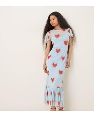 Never Fully Dressed Petite Mesh Flutter Sleeve Ruffle Hem Maxi Dress - Blue