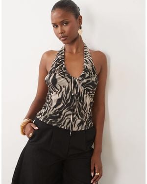 ASOS Mesh Scoop Ruched Halter Neck Top - Multicolor