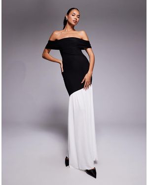 Kaiia Exclusive Double Layered Slinky Foldover Bardot Asymmetric Contrast Hem Maxi Dress - Multicolor