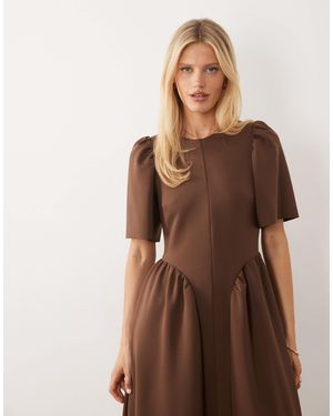 Y.A.S Fitted Bodice Puff Sleeve Maxi Dress - Brown