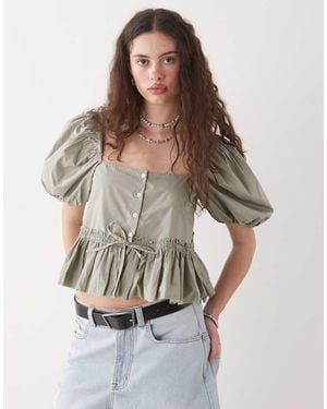 Monki Peplum Melkmeisjesblouse Met Pofmouwen - Grijs