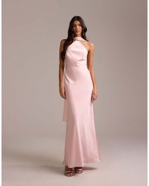 ASOS Bridesmaids Halter Neck Satin Maxi Dress With Scarf Detail - Pink