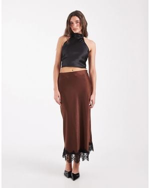 Vero Moda Satin Midi Skirt With Lace Detail Hem - White