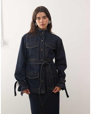 Lioness Sweetness High Neck Belted Cinch Waist Tie Sleeve Longline Denim Jacket - Blue
