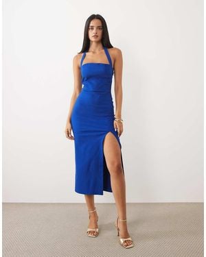 Vesper Bengaline Halternek Midi-Jurk Met Split Tot Aan De Dij - Blauw