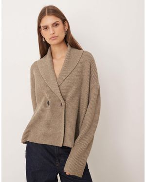 Pretty Lavish Ribbed Knit Fold Over Collared Cardigan - Natural