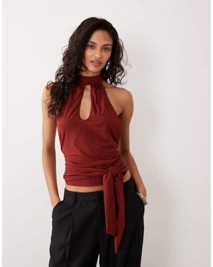 Motel Verbina Keyhole Halter Tie Waist Top - Red