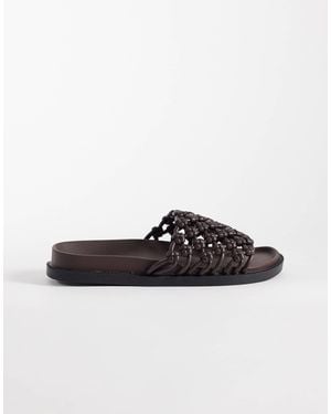 SEQWL Wide Fit Woven Flat Sandals - Brown