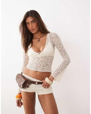 Motel Mahota Deep Plunge Long Sleeve Lace Top - Purple