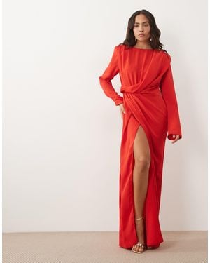 ASOS Long Sleeve Shoulder Pad Draped Waist Detail Maxi Dress - Red