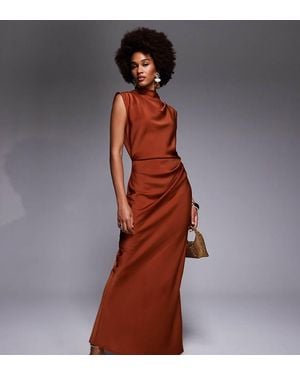 ASOS Asos Design Tall Satin High Neck Pleated Bodice Midi Dress - Brown