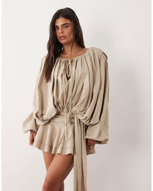 Lioness Elements Petite Linen Rich Drape Detail Balloon Sleeve Tie Waist Mini Dress - Natural