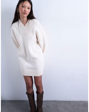 TOPSHOP Robe courte et oversize en maille avec col v montant - ivoire - Blanc