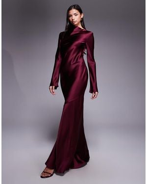 DASKA Satin Bias Long Sleeve Seam Detail Maxi Dress - Purple