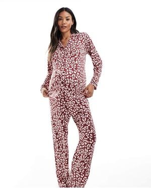 Loungeable Pijama Con Estampado De Leopardo, Cuello De Solapas Y Detalle De Ribetes De Tejido Suave De Punto Liso De Maternity - Rojo