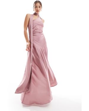 TFNC London Bridesmaids Satin Asymmetric Maxi Dress With Scarf Neck - Pink