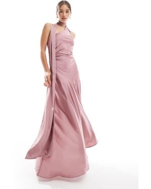 TFNC London Bridesmaids Satin Asymmetric Maxi Dress With Scarf Neck - Pink