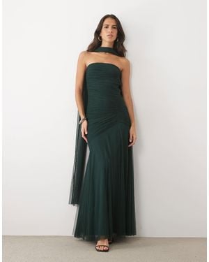 LACE & BEADS Tulle Strapless Ruched Scarf Detail Maxi Dress - Green