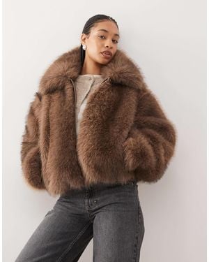 Monki Short Faux Fur Jacket - Brown