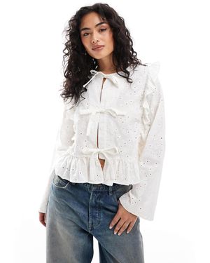 Object Tie Front Long Sleeved Blouse With Ruffles - White