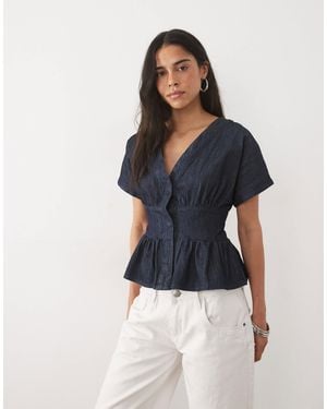 Miss Selfridge Denim Batwing Tie Front Top - Blue