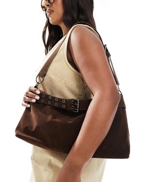 Glamorous Faux Suede Buckles Shoulder Bag - Brown