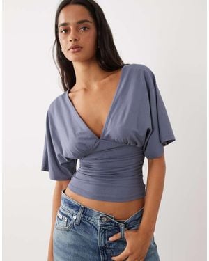 Gina Tricot Plunge V-neck Bat Wing Top - Blue