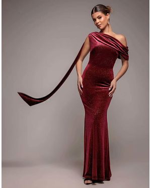 Goddiva Glitter Velvet Sash One Shoulder Bardot Maxi Dress - Red