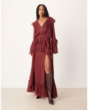 ASOS Long Sleeve Ruffle Maxi Dress - Red
