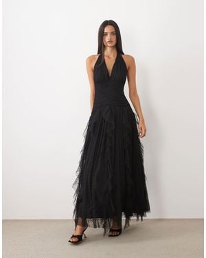 LACE & BEADS Dobby Halter Neck Ruffle Skirt Maxi Dress - Black