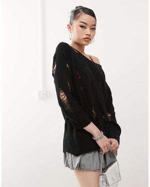 Princess Polly Jersey Con Cuello Barco Y Detalles Calados Efecto Desgastado De - Negro
