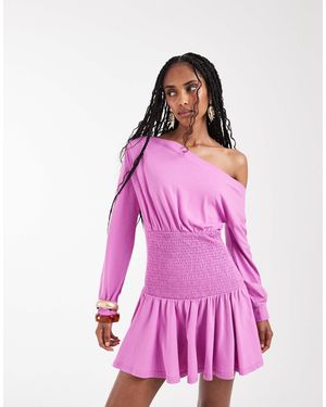 Aria Cove Asymmetric Shoulder Shirred Waist Frill Mini Dress - Pink