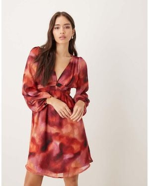 Lovedrobe Floral Burnout Long Sleeve V Neck Mini Dress - Red
